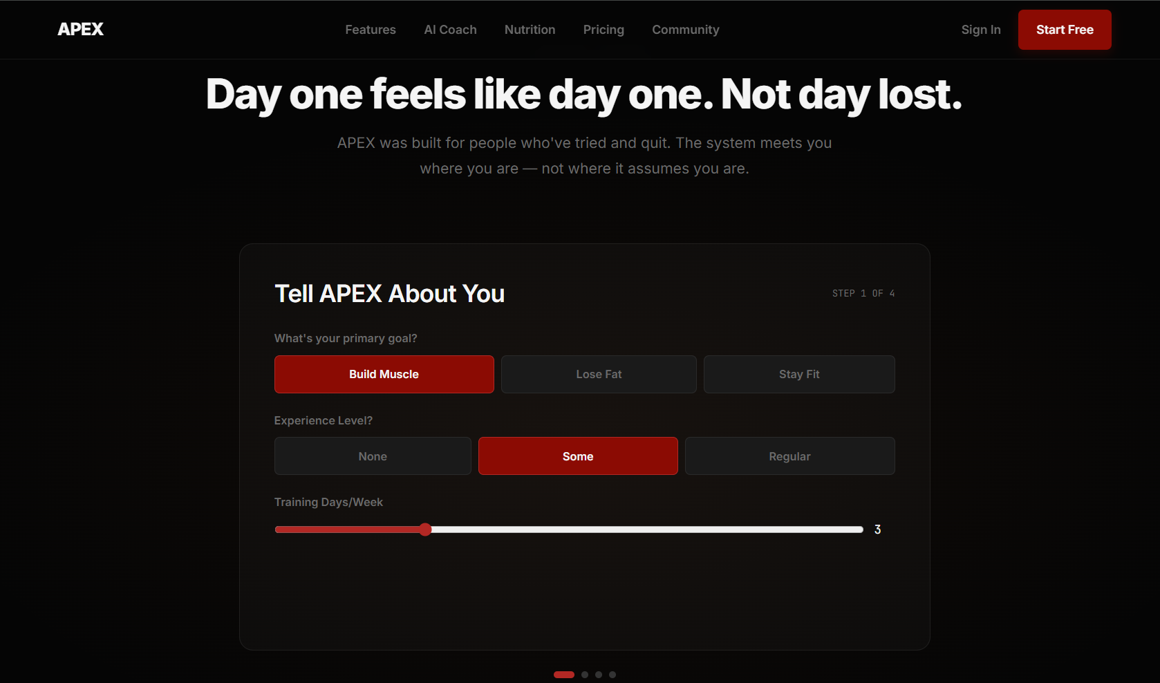 APEX onboarding screen asking about user fitness goals