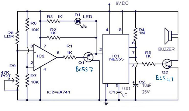 Circuit schematic for the Electronic Smart Laser Alarm System with LDR, UA741, NE555, LED, and buzzer