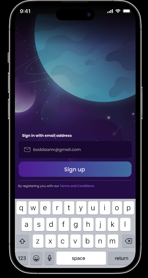 Whisper messaging app email sign-up screen with keyboard state